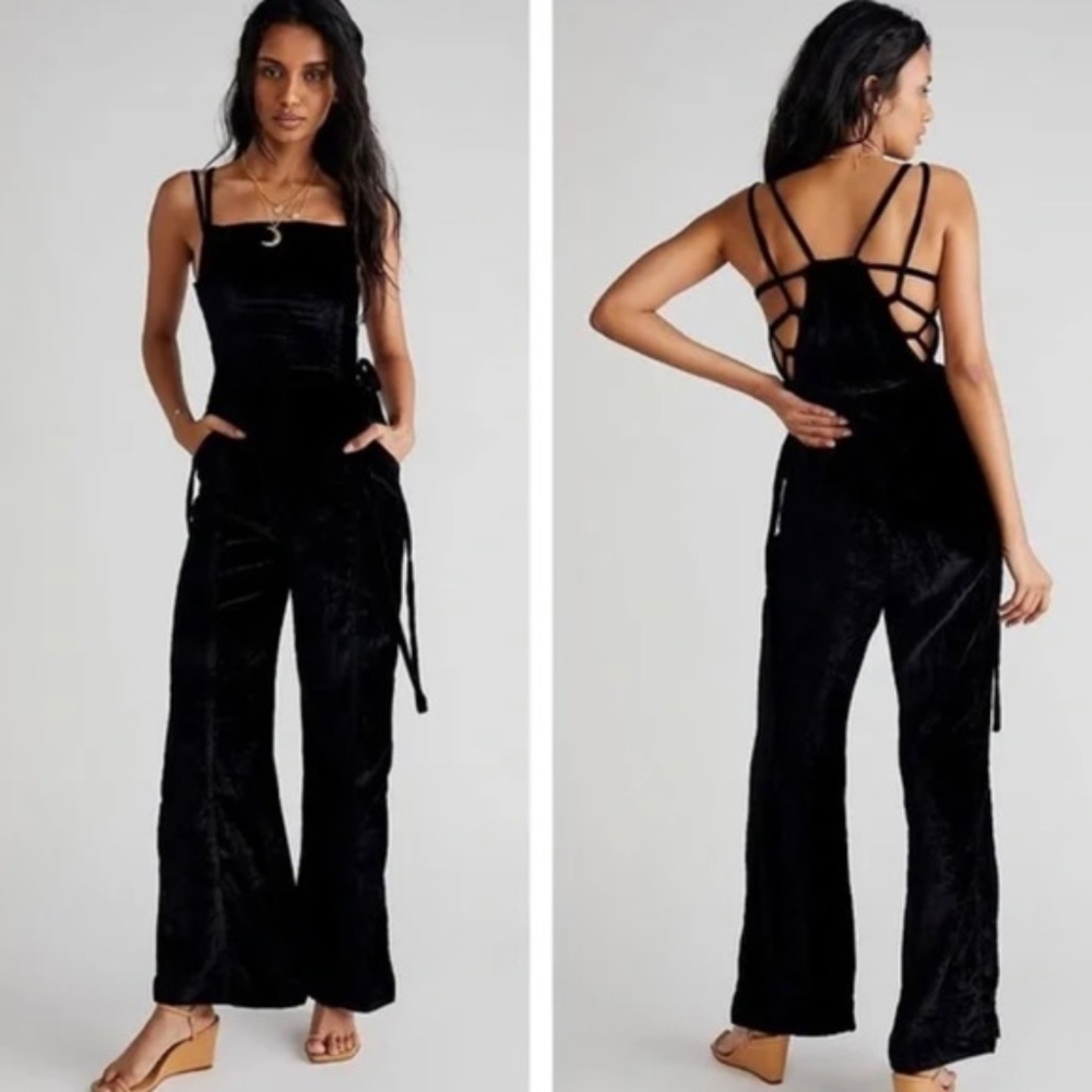 Free People Black Velvet Strappy Back Wide-Leg Jumpsuit